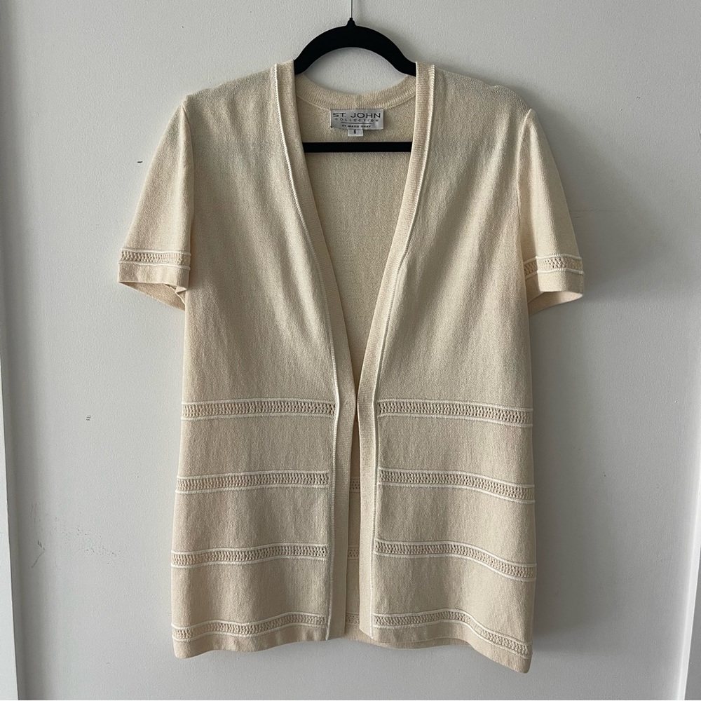 St John Collection Crean and White Short Sleeve Cardigan Size Women’s 6